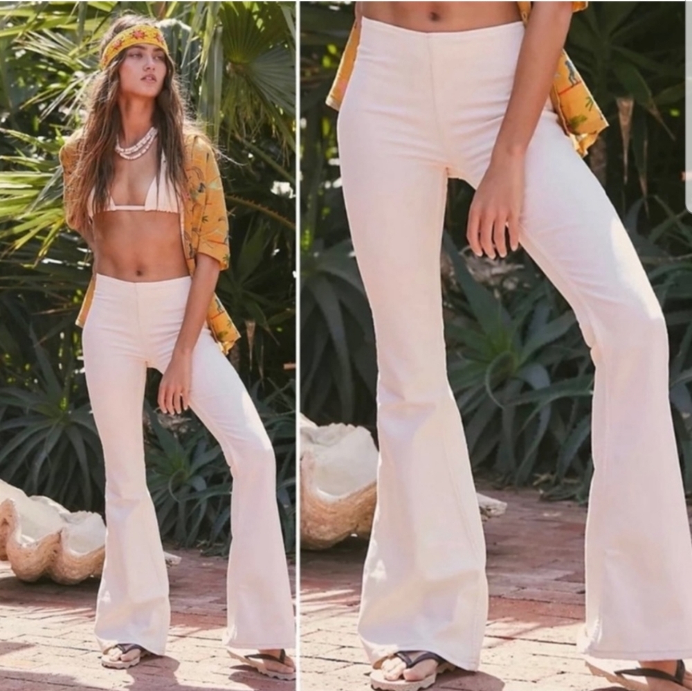 Free People Penny Pull On Flare Jeans Cream Ivory Size 32